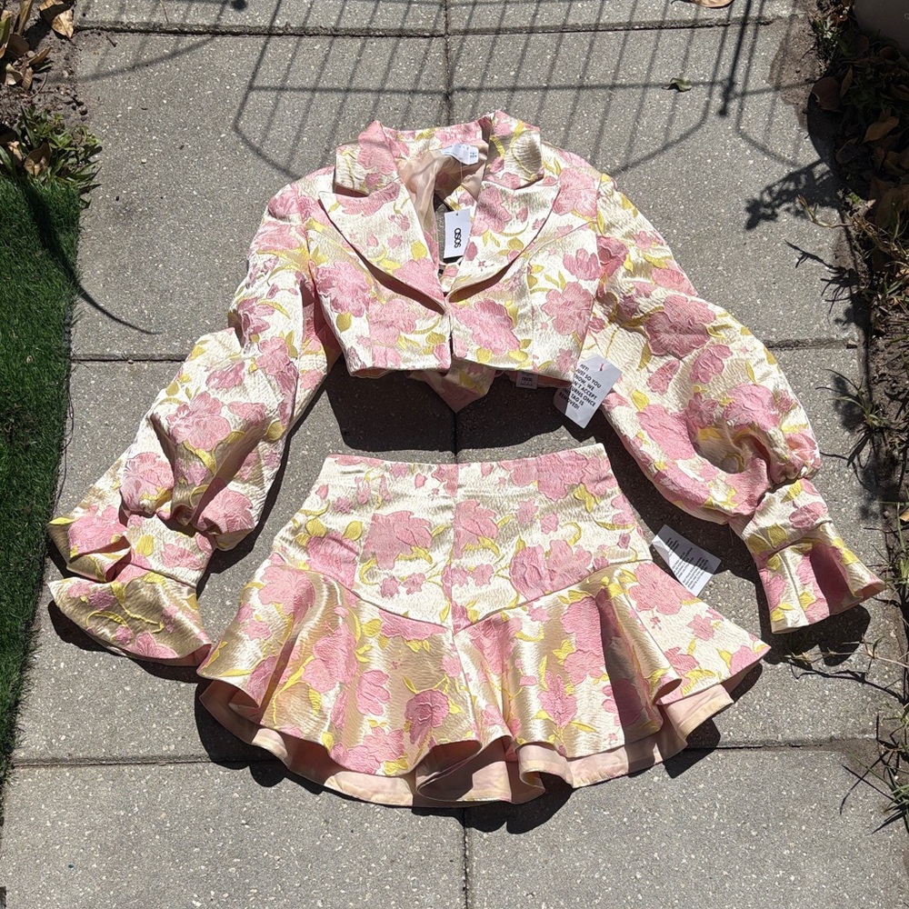 ASOS Pink and Yellow Floral Blazer & Skirt Set